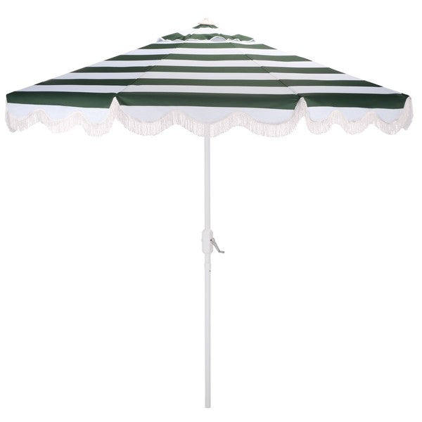 Lucerna Crank Outdoor Umbrella in Hunter Green Stripe with White Fringe (9 ft)