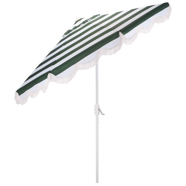 Lucerna Crank Outdoor Umbrella in Hunter Green Stripe with White Fringe (9 ft)