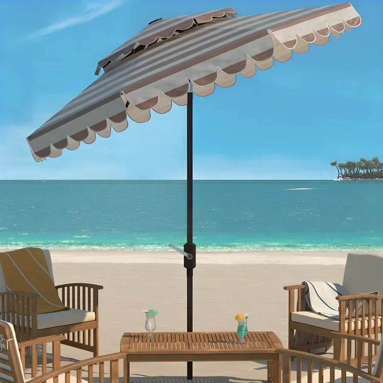 Vienna Polyester Round Double Top Crank Umbrella in Beige Stripe (9 ft) - The Mayfair Hall
