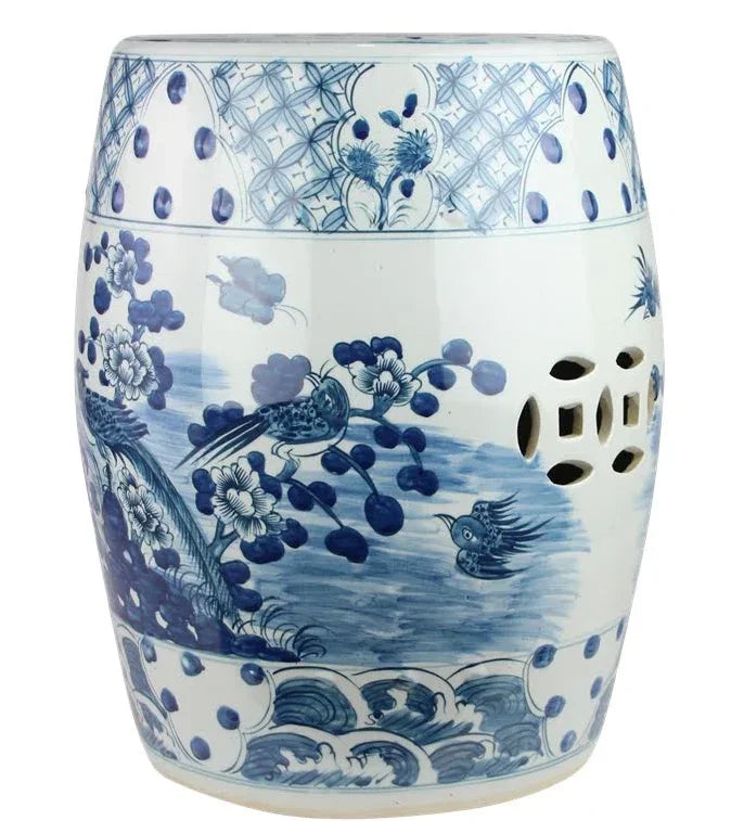 Bird and Floral Garden Seat with Raised Blue Dots - The Mayfair Hall