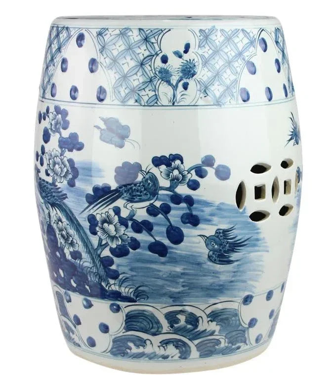 Bird and Floral Garden Seat with Raised Blue Dots - The Mayfair Hall