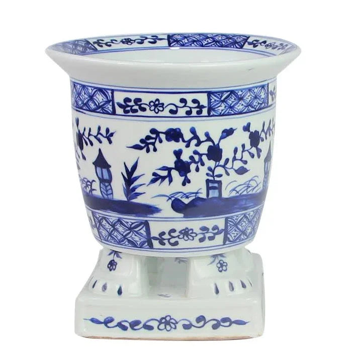 Footed Planter in Dark Blue and White with Village Scene Design - The Mayfair Hall
