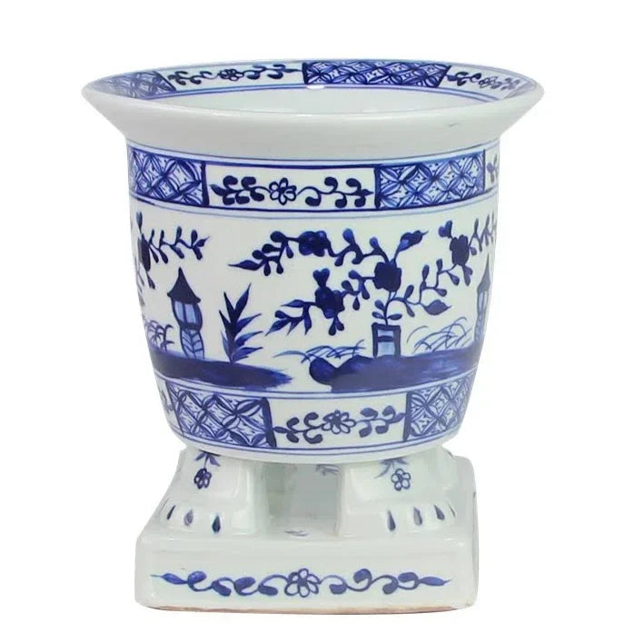 Footed Planter in Dark Blue and White with Village Scene Design - The Mayfair Hall
