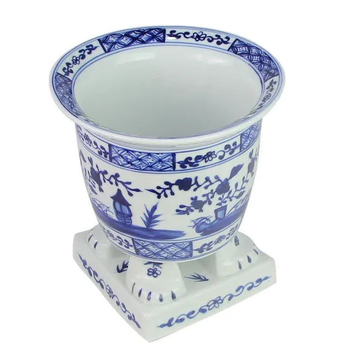 Footed Planter in Dark Blue and White with Village Scene Design - The Mayfair Hall