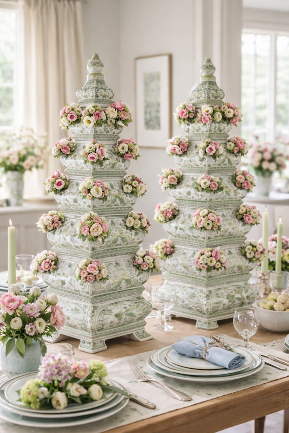 Large Grand Green and White Tulipiere