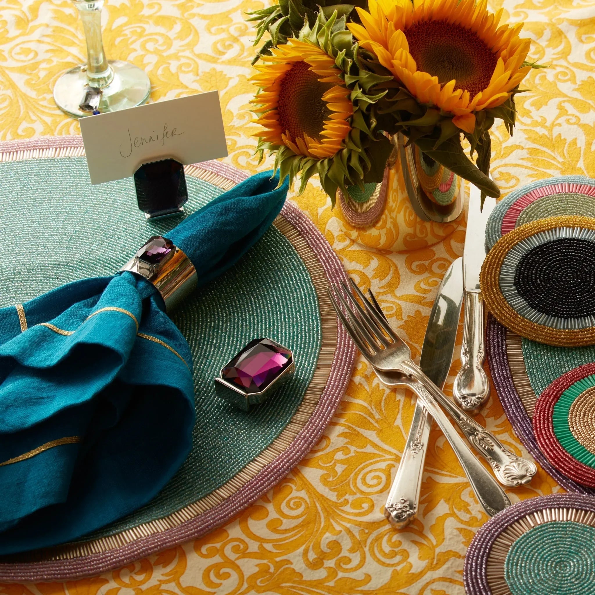Damask print tablecloth, yellow - The Mayfair Hall