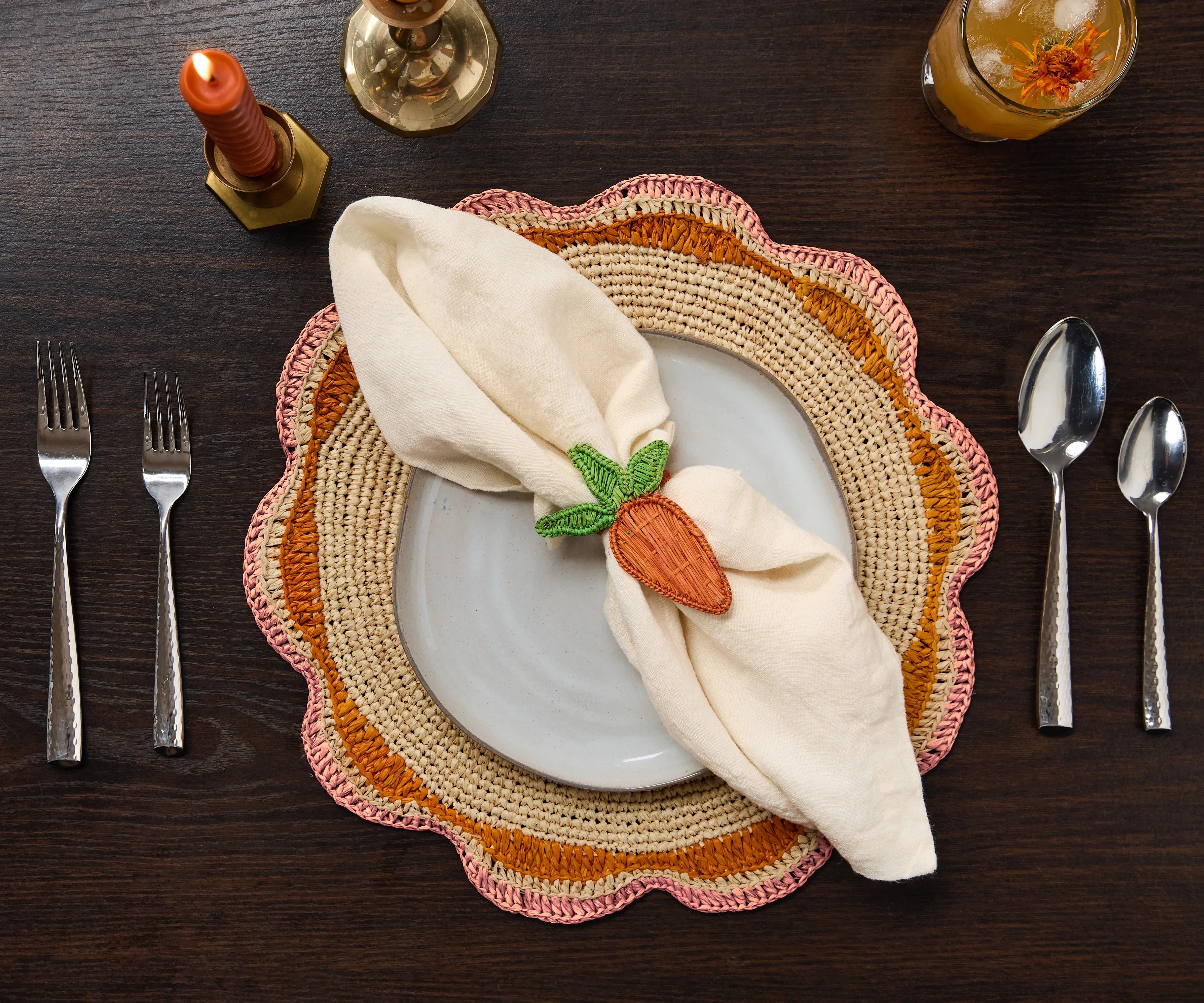 Round Pink Raffia Placemat – 14” Handwoven Crochet – Garden Party & Summer Table Decor - The Mayfair Hall