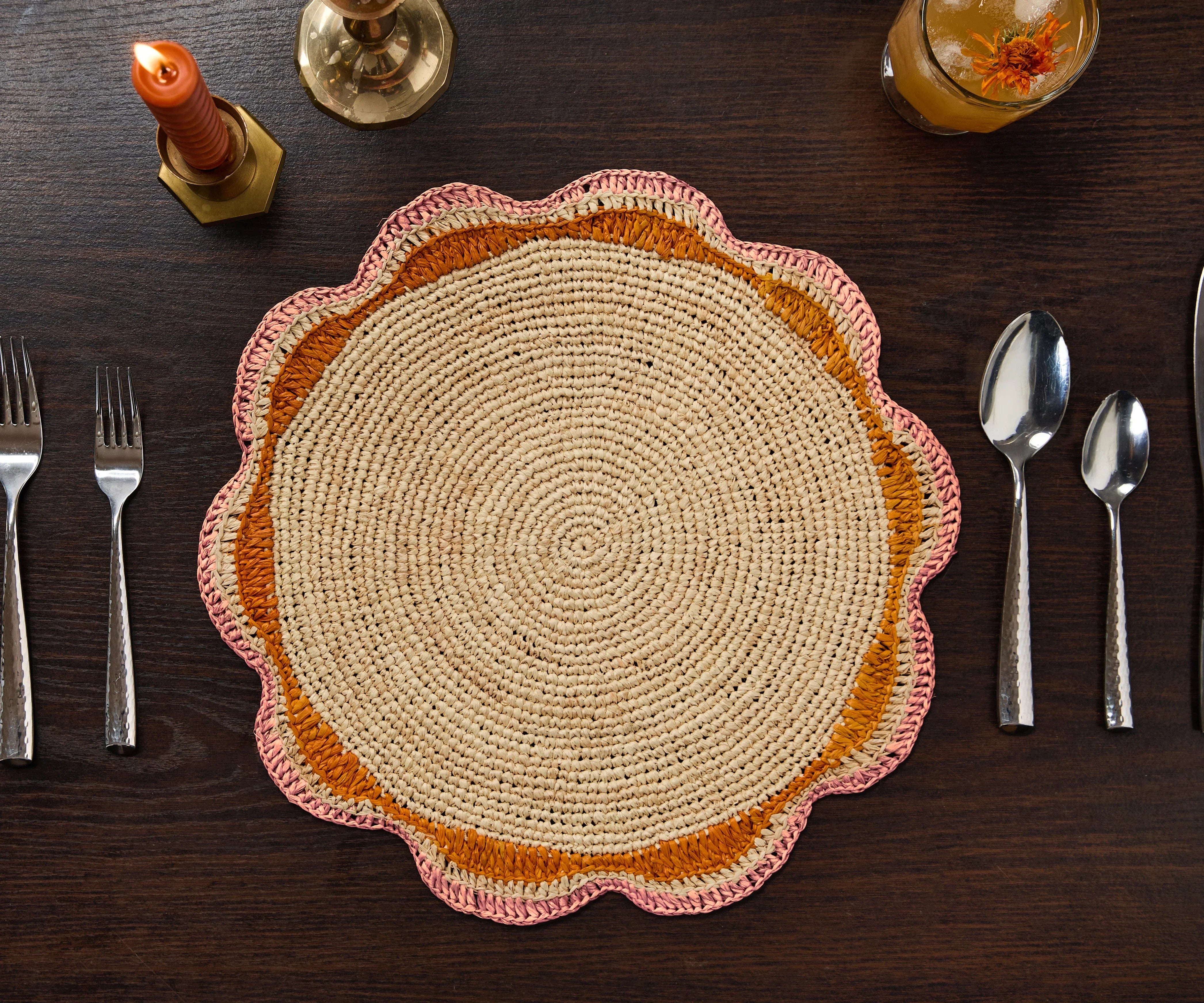 Round Pink Raffia Placemat – 14” Handwoven Crochet – Garden Party & Summer Table Decor - The Mayfair Hall