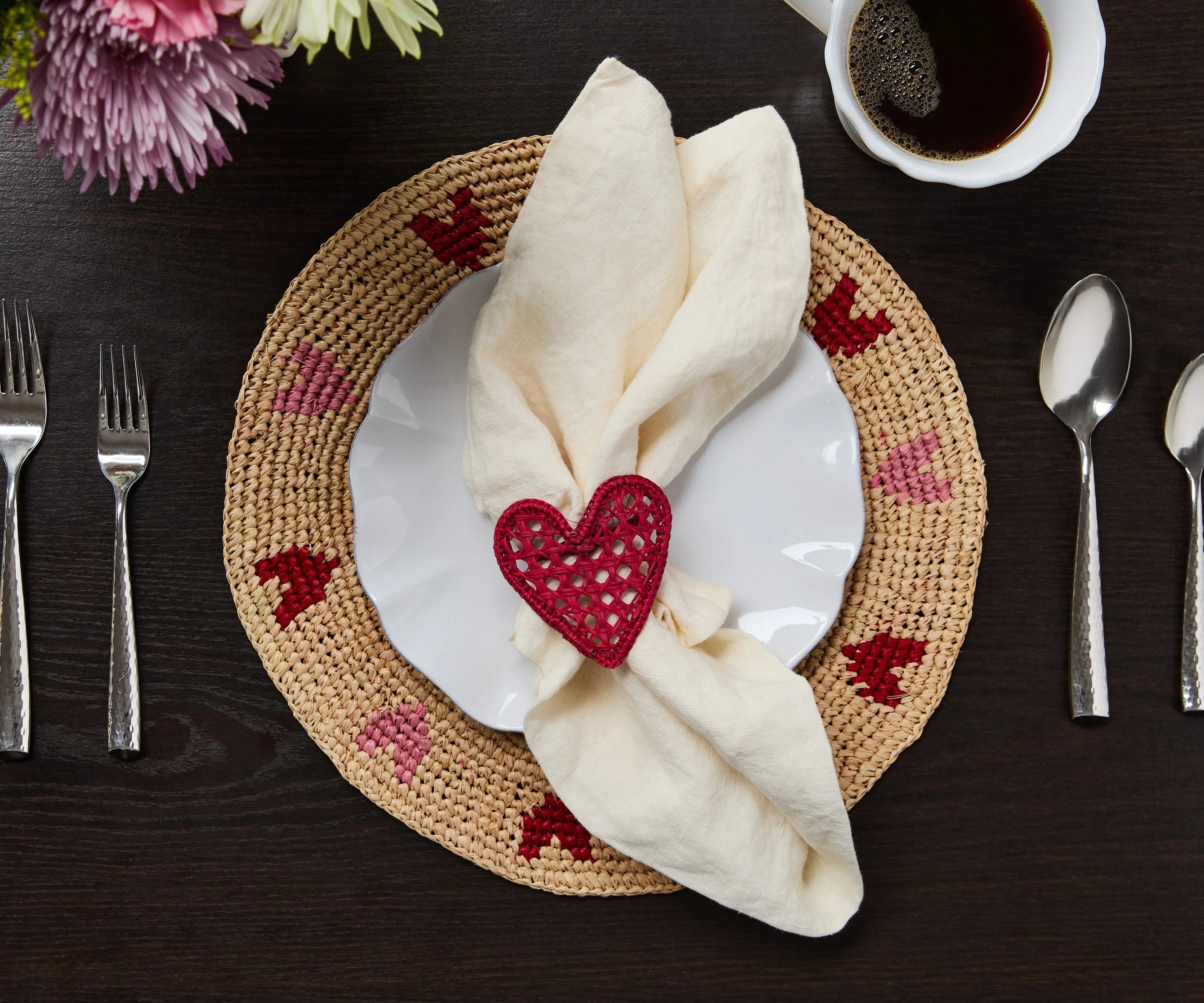 Handwoven Heart Raffia Placemat – Artisan Table Décor with Red & Pink Hearts - The Mayfair Hall