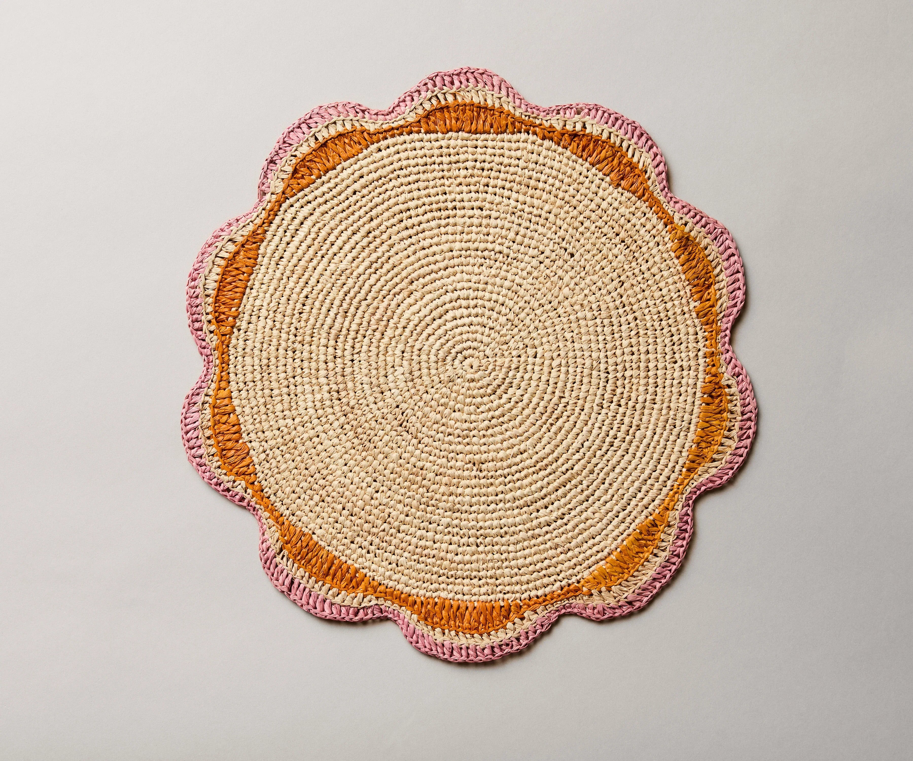 Round Pink Raffia Placemat – 14” Handwoven Crochet – Garden Party & Summer Table Decor - The Mayfair Hall