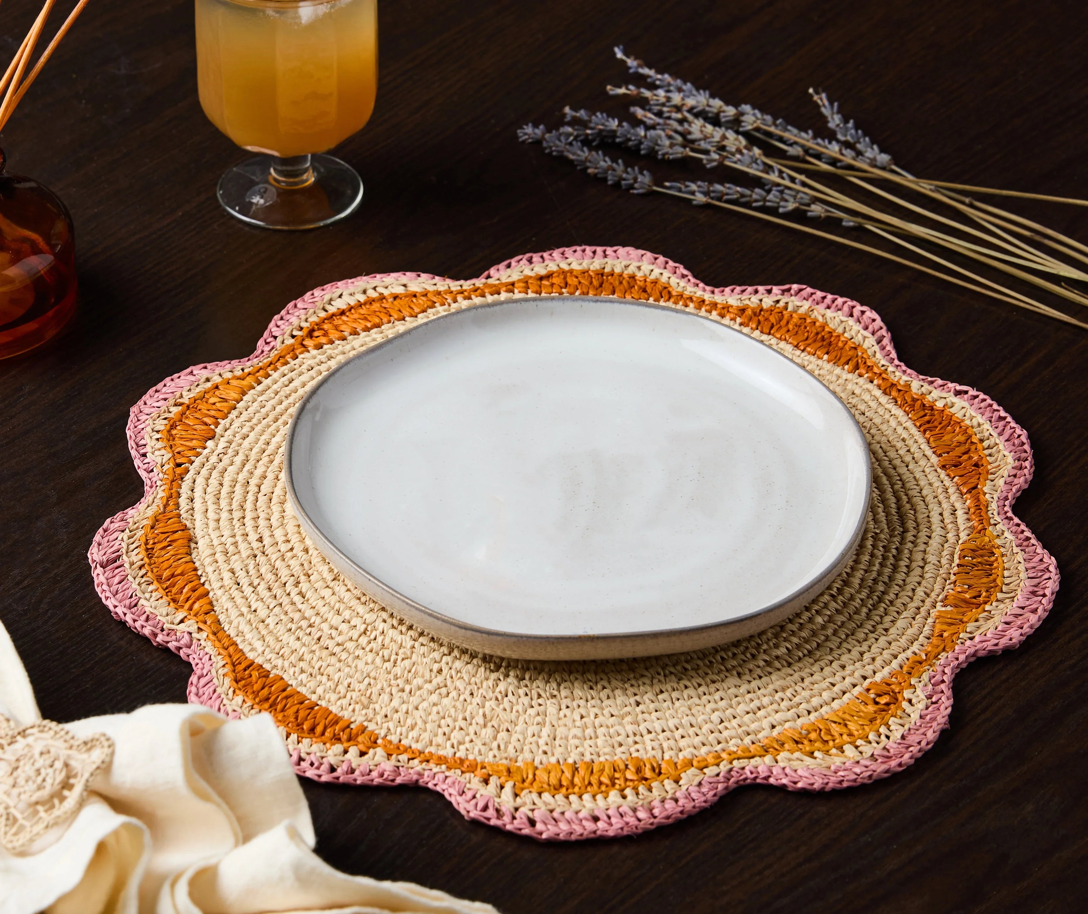 Round Pink Raffia Placemat – 14” Handwoven Crochet – Garden Party & Summer Table Decor - The Mayfair Hall