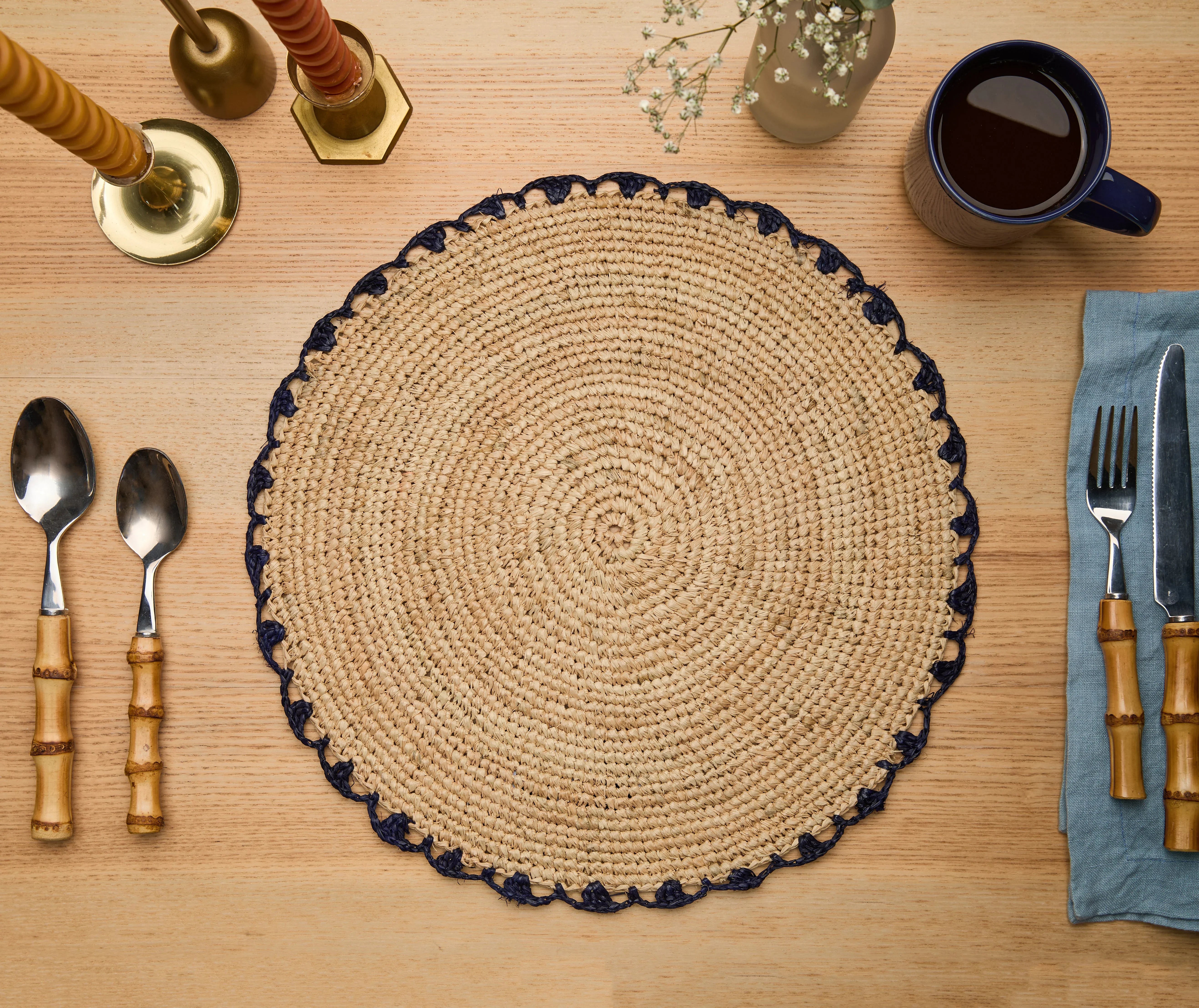 Handwoven Aura Blue Edge Placemat - Rustic Woven Raffia Tabletop Decor - The Mayfair Hall