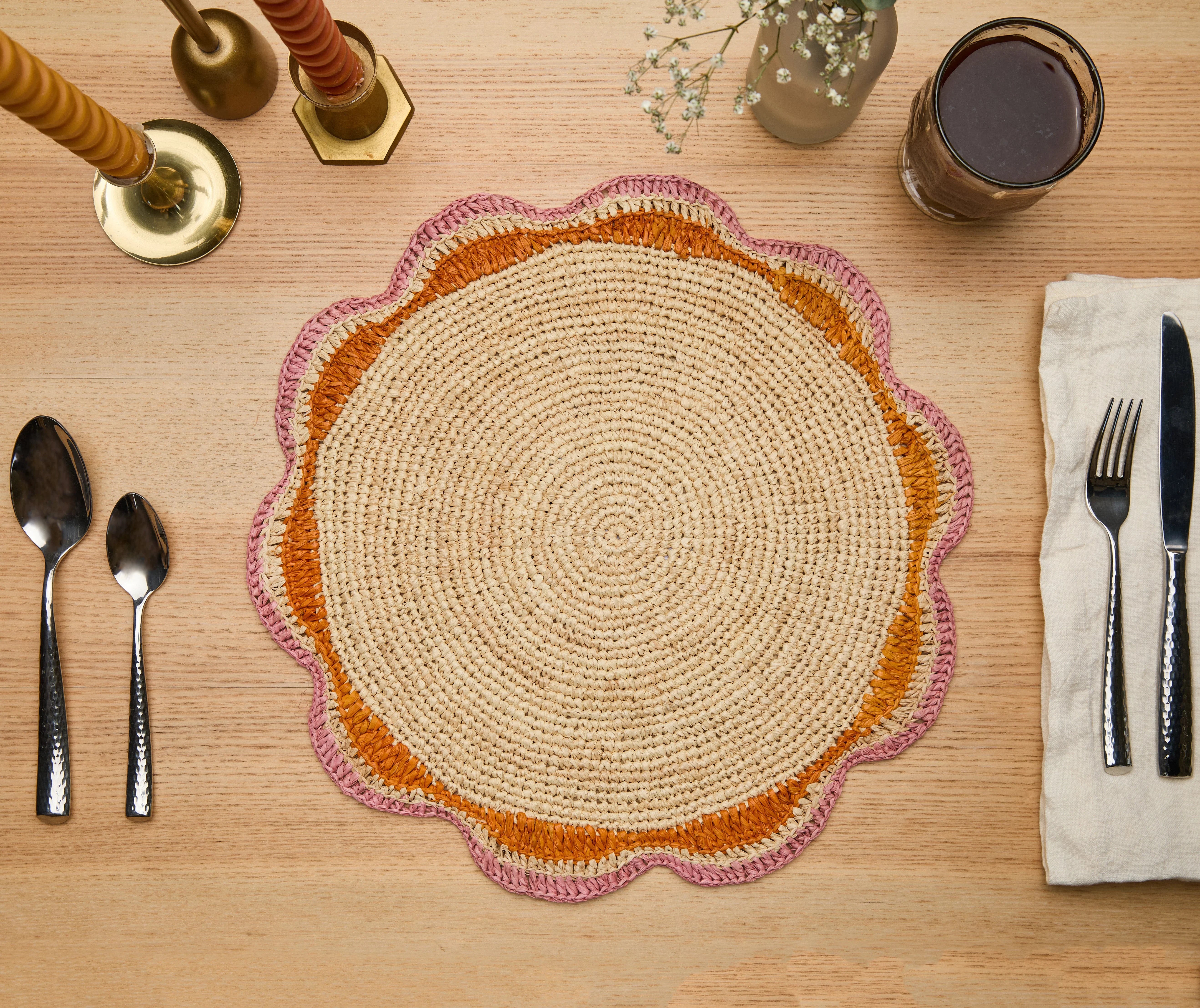 Round Pink Raffia Placemat – 14” Handwoven Crochet – Garden Party & Summer Table Decor - The Mayfair Hall