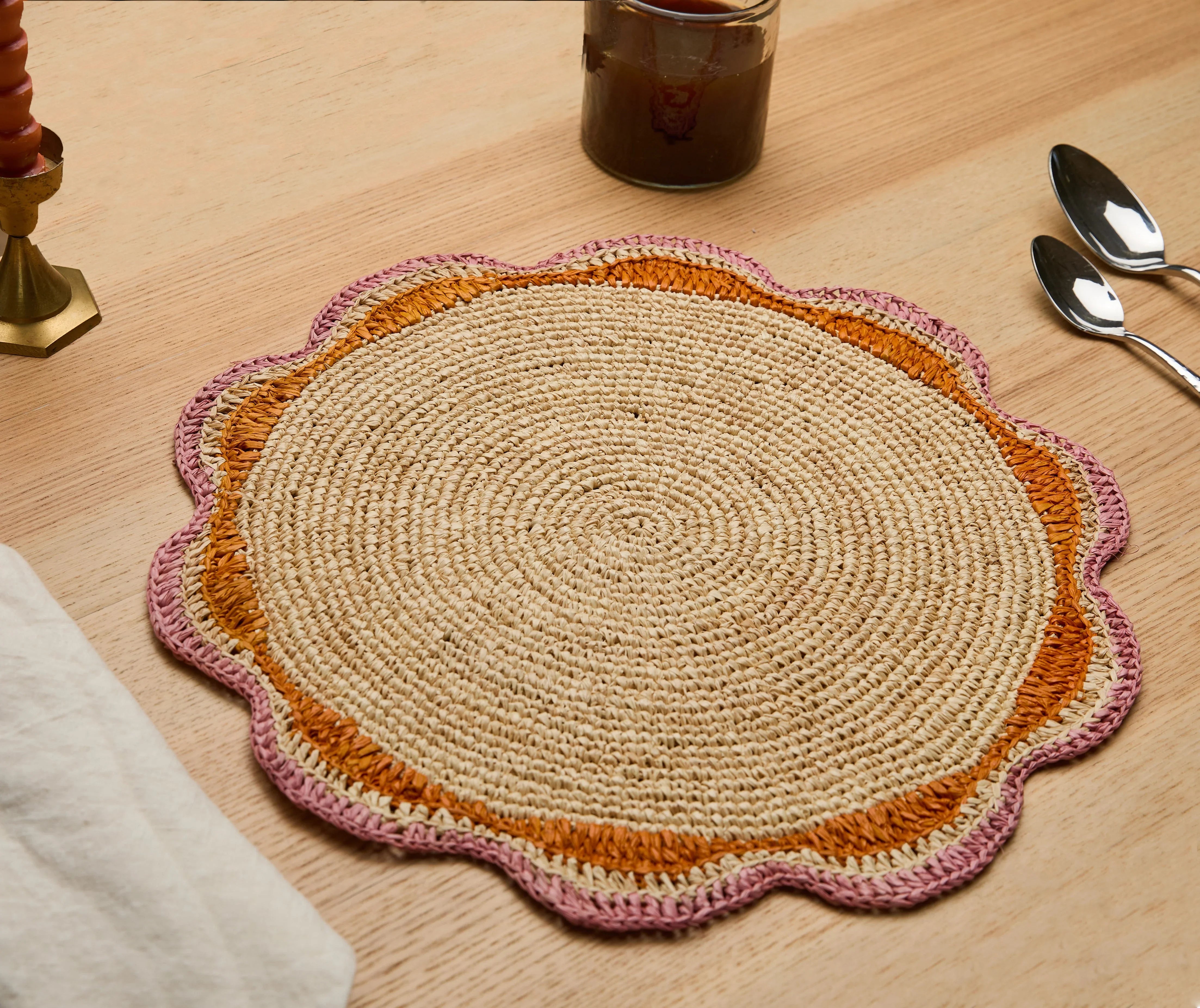 Round Pink Raffia Placemat – 14” Handwoven Crochet – Garden Party & Summer Table Decor - The Mayfair Hall