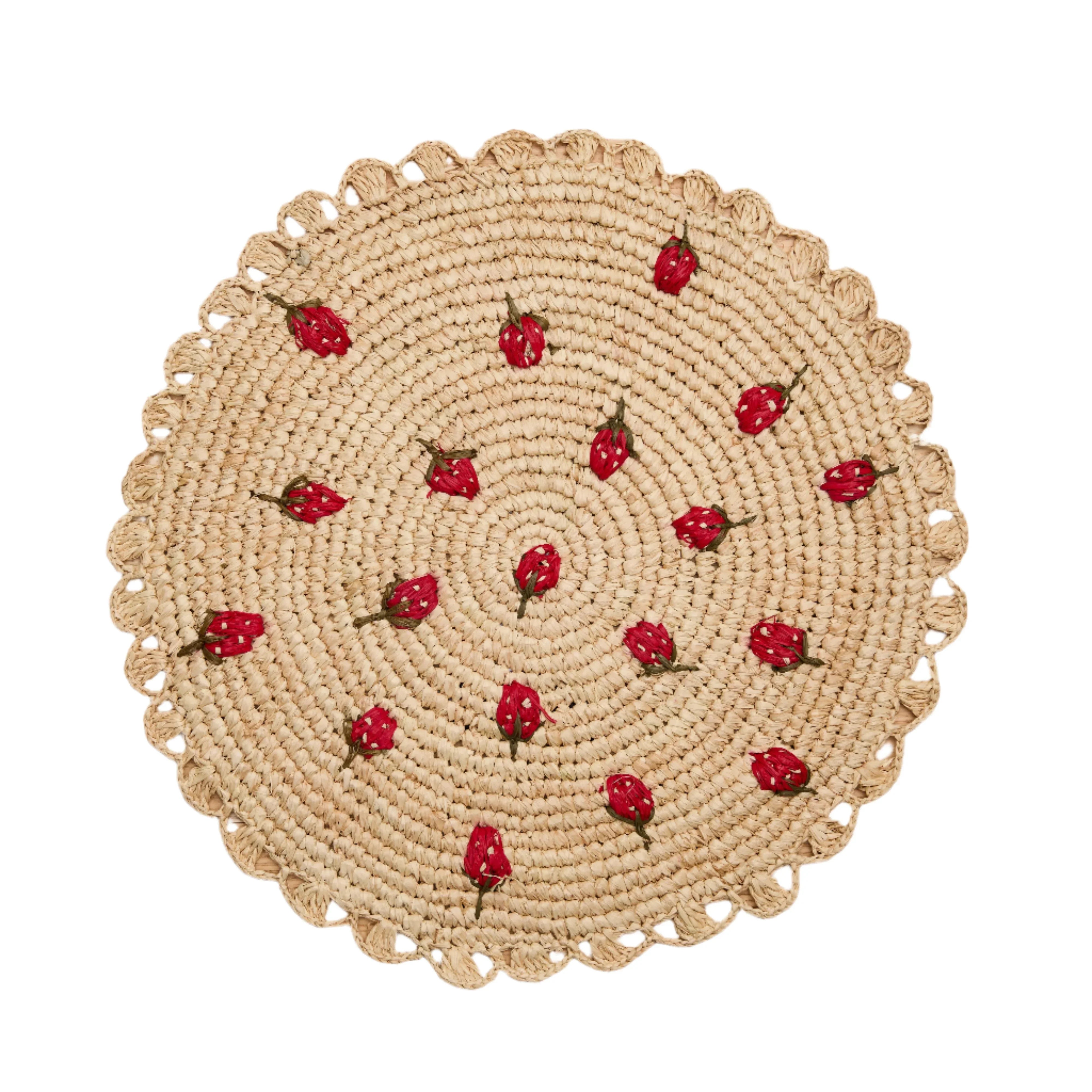 Scattered Strawberry Hand-Crocheted Raffia Palm Round Placemat - The Mayfair Hall