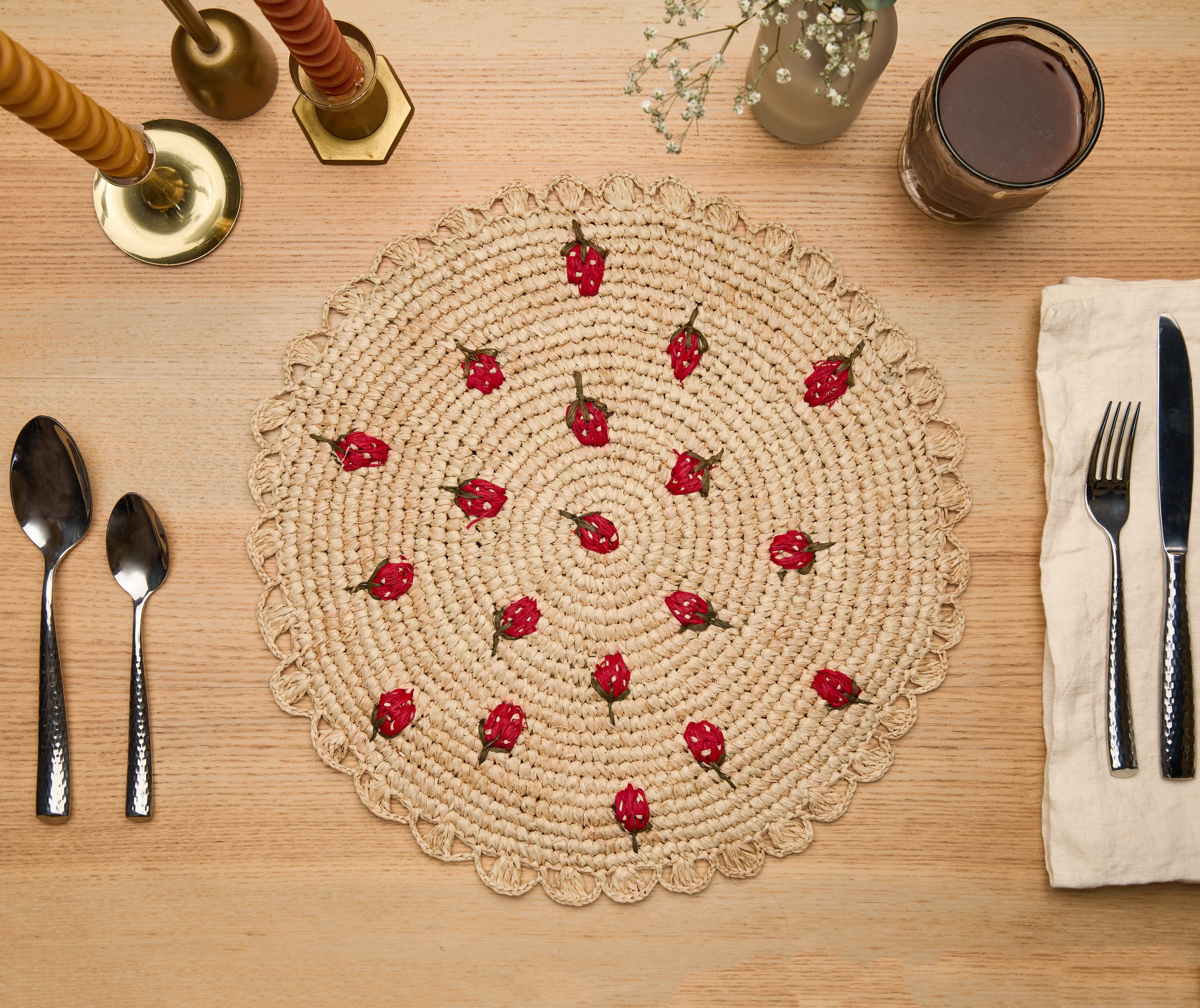 Scattered Strawberry Hand-Crocheted Raffia Palm Round Placemat - The Mayfair Hall