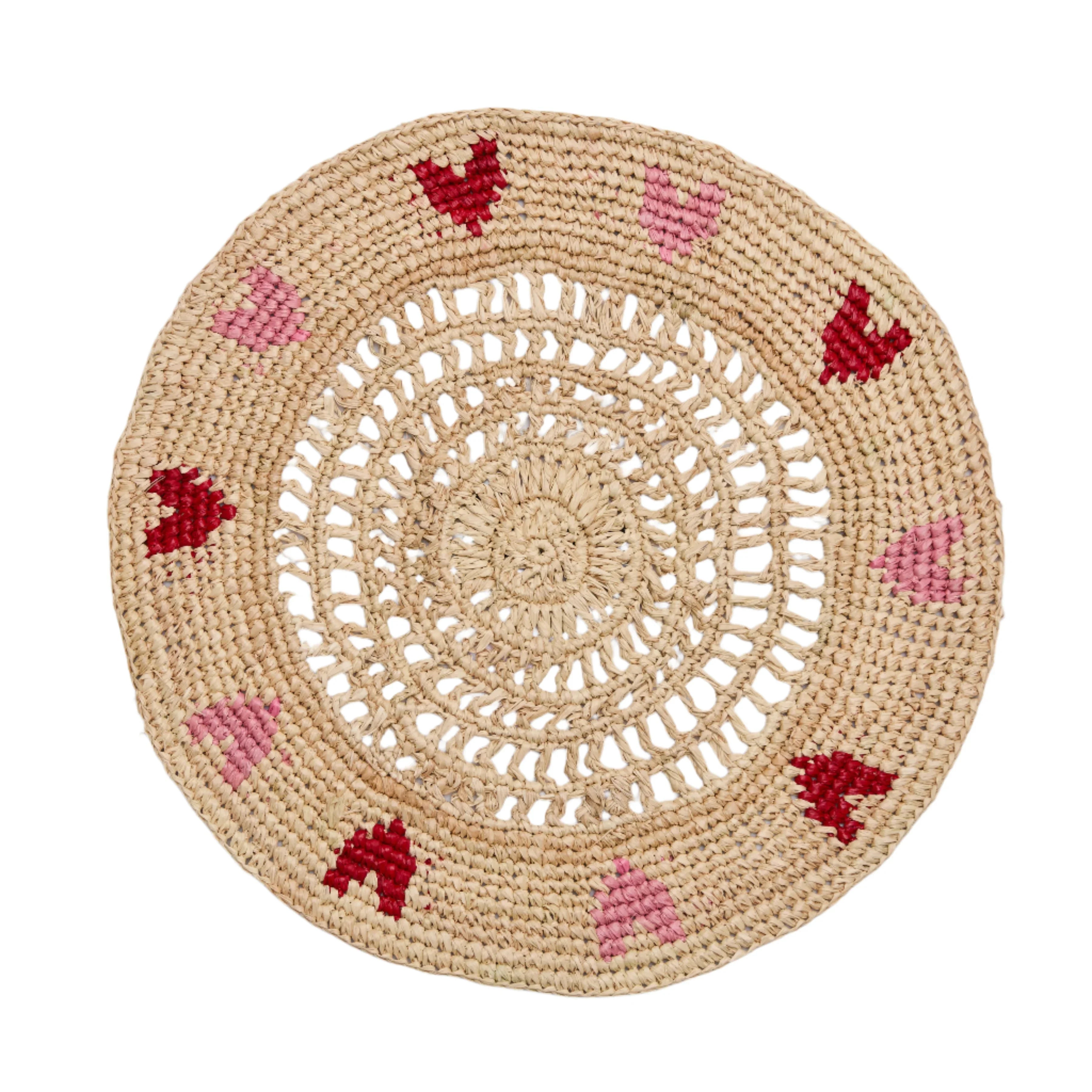 Handwoven Heart Raffia Placemat – Artisan Table Décor with Red & Pink Hearts - The Mayfair Hall