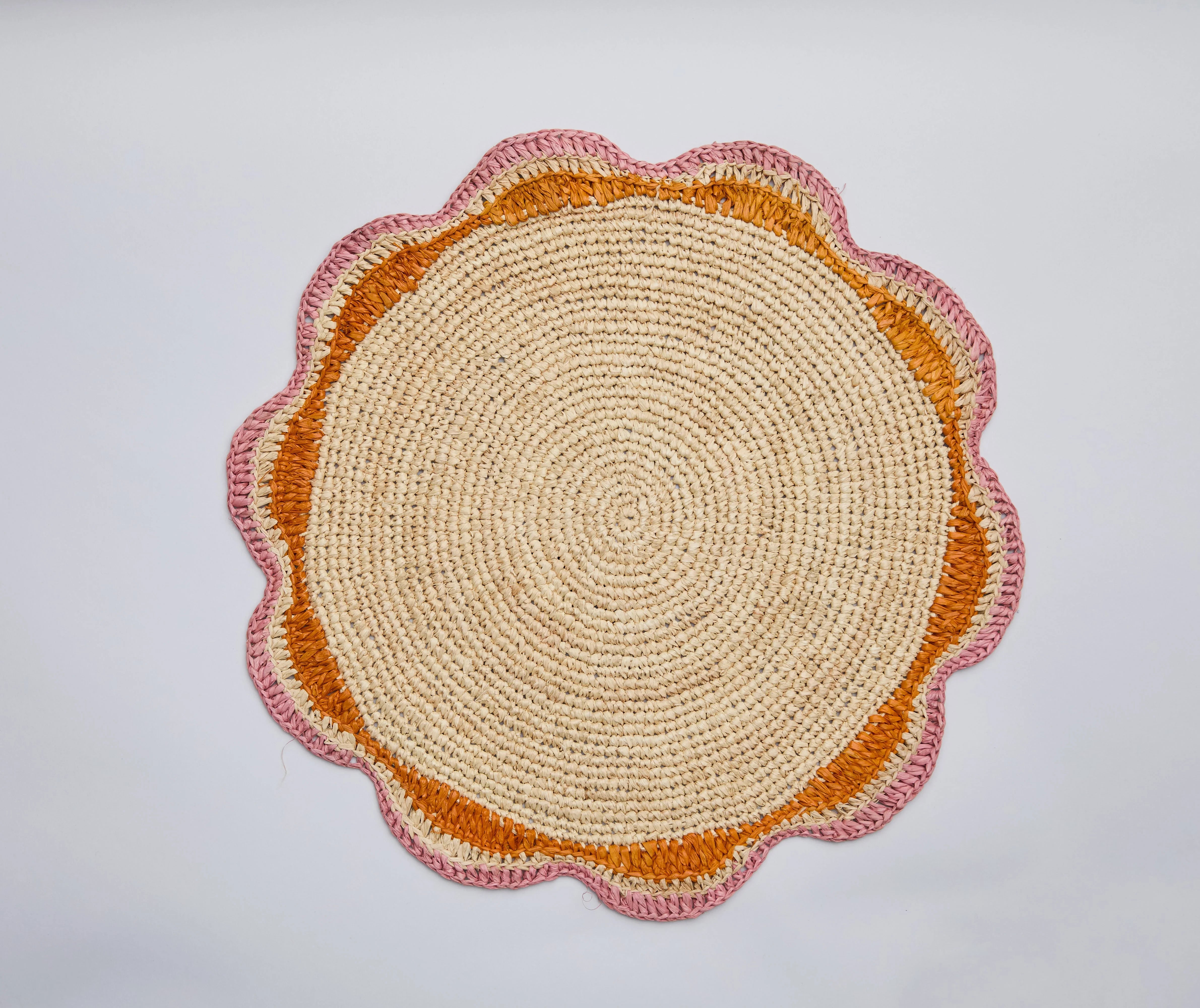 Round Pink Raffia Placemat – 14” Handwoven Crochet – Garden Party & Summer Table Decor - The Mayfair Hall