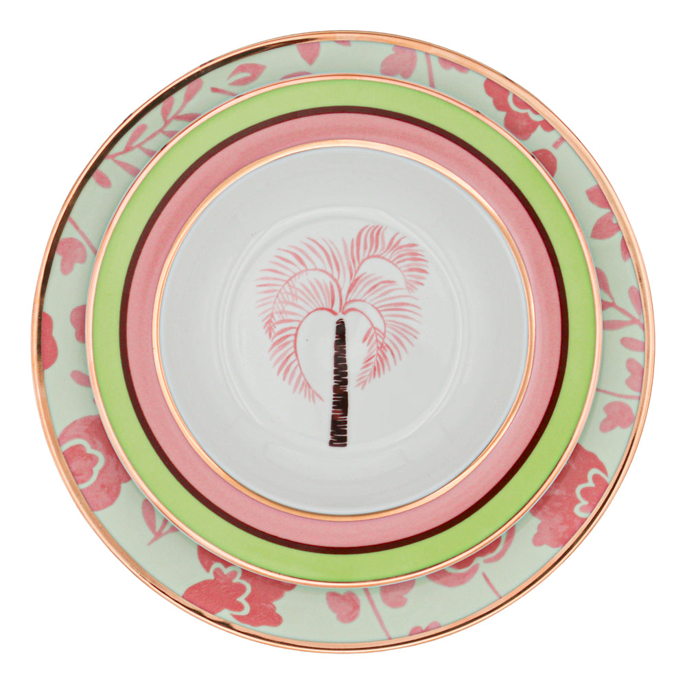 Leaf Dinner Plate in Pistachio and Lychee with Gold Handpainted Rim (Set of 4)