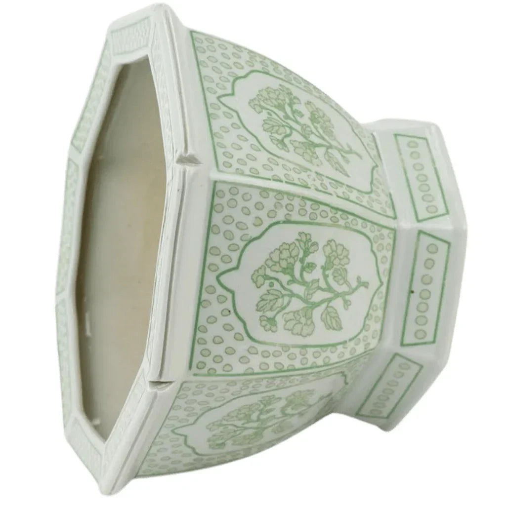 Mid Size Green Floral and Dot Hexagon Planter - The Mayfair Hall