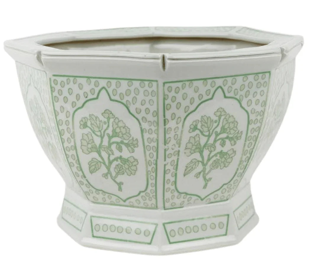 Mid Size Green Floral and Dot Hexagon Planter - The Mayfair Hall