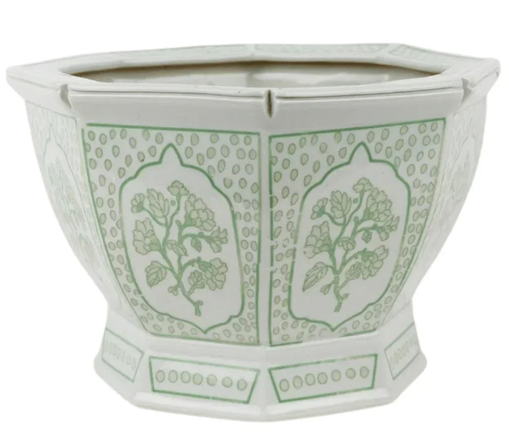 Mid Size Green Floral and Dot Hexagon Planter - The Mayfair Hall