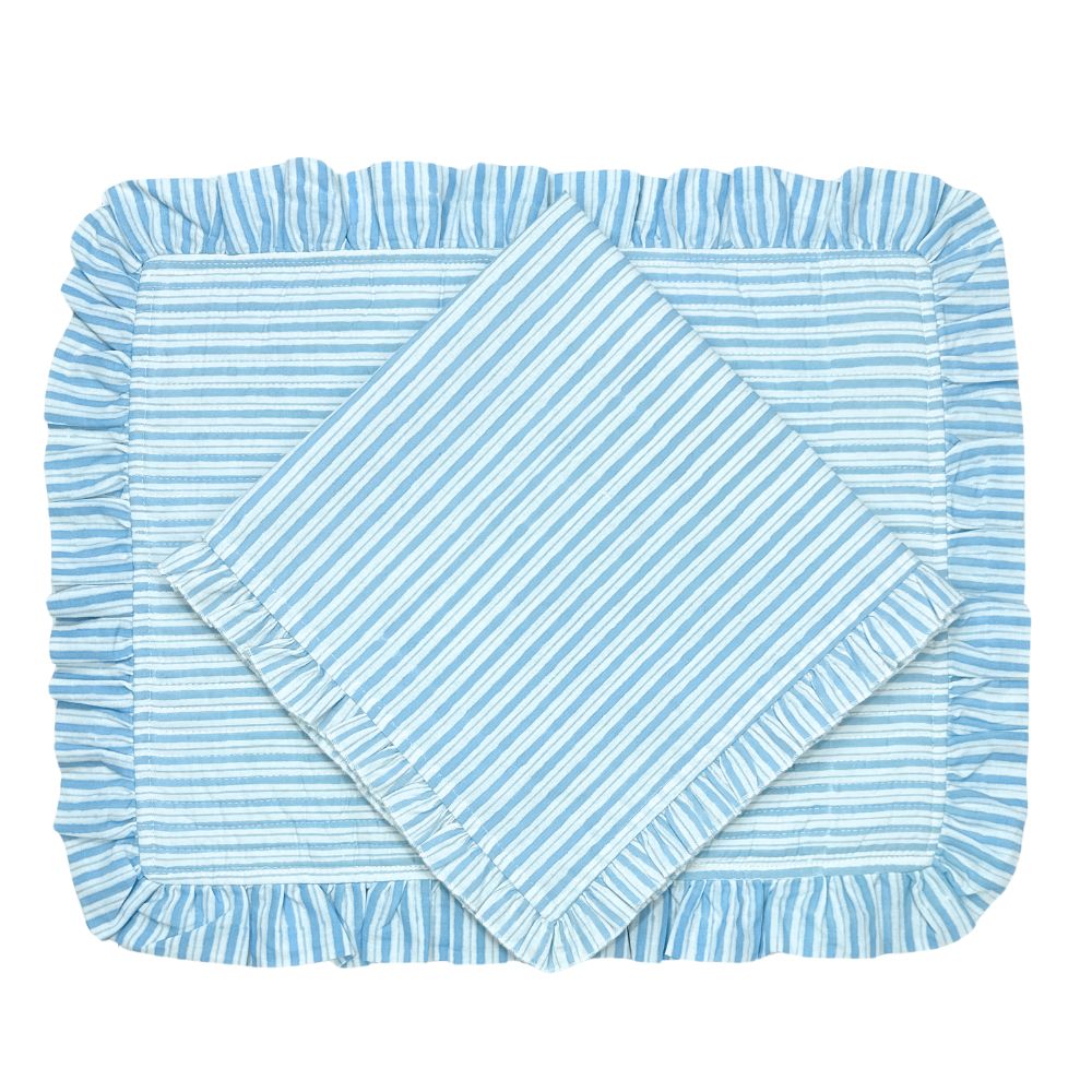 Blue Stripes - Quilted Placemats with Ruffle - Set of 4