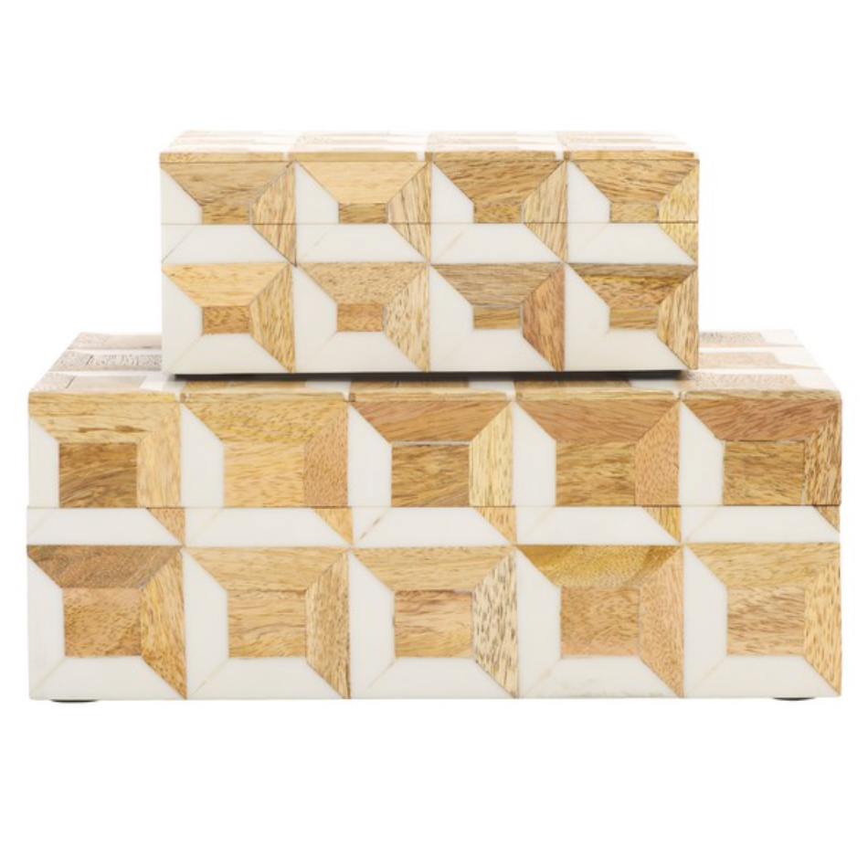 Aria Decorative Box in Antique Ivory and Natural Brown (Set of 2)