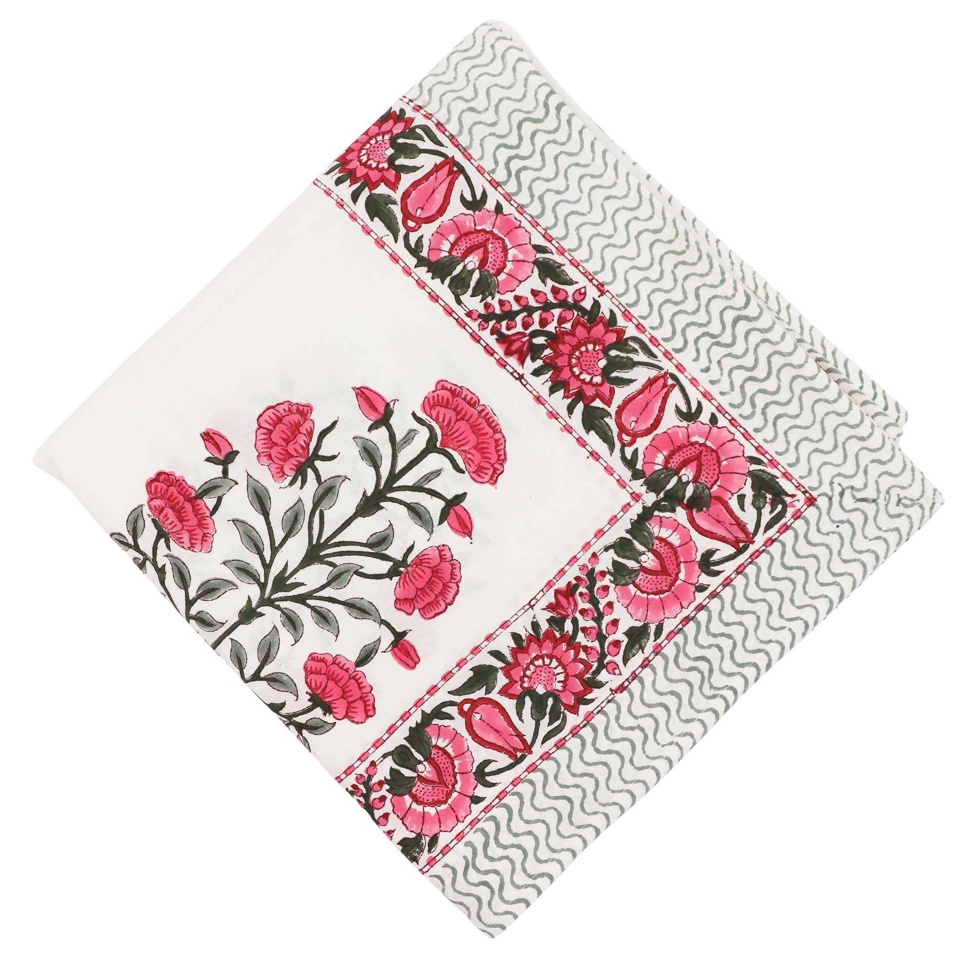 Rose Garden Cotton Tablecloth in White with Pink and Green Hand-Printed Design