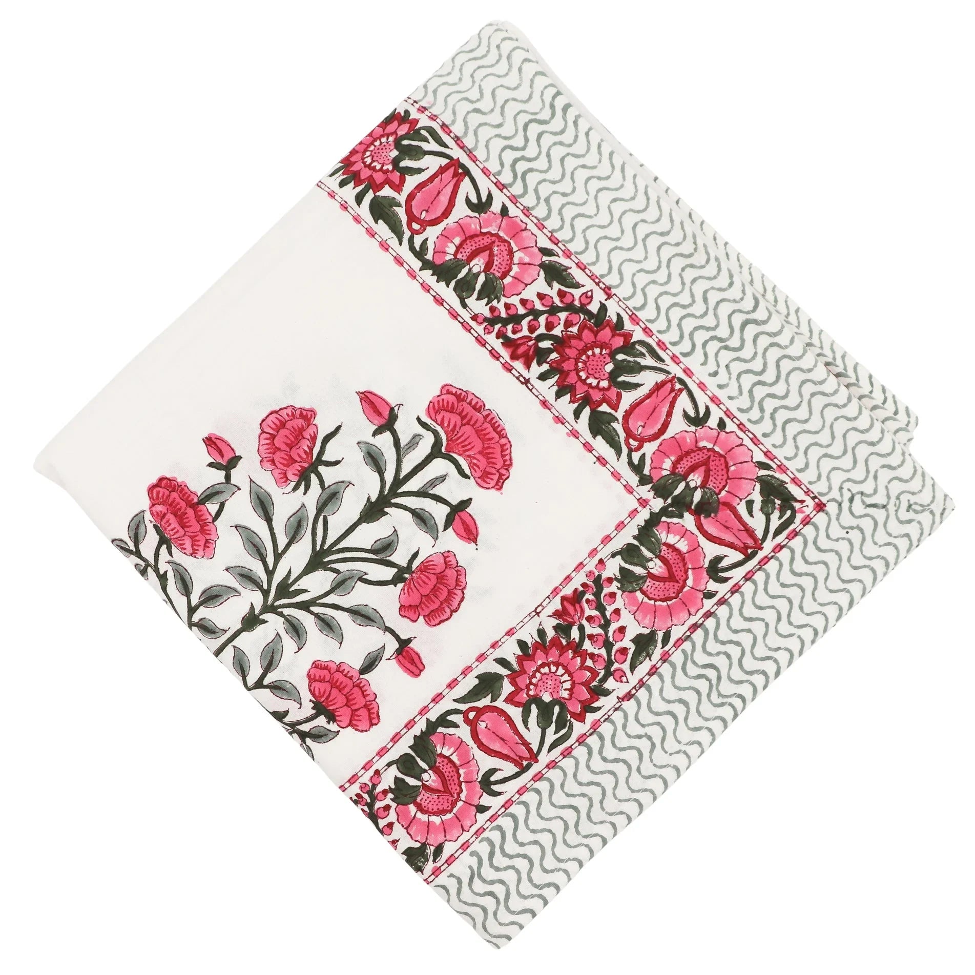Rose Garden Cotton Tablecloth in White with Pink and Green Hand-Printed Design