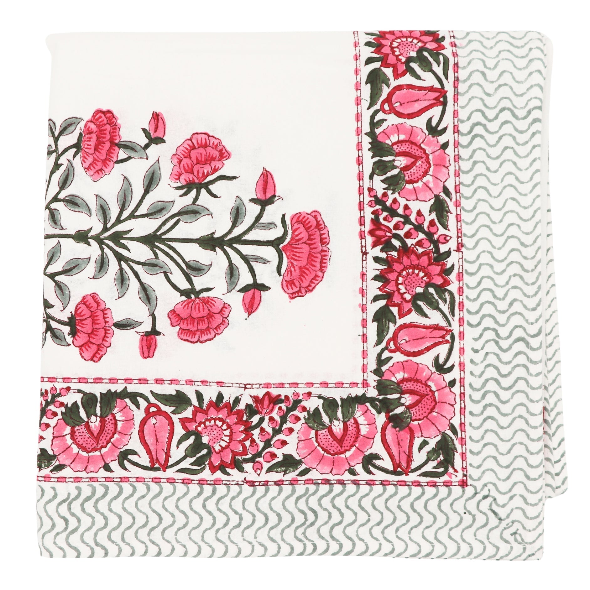 Rose Garden Cotton Tablecloth in White with Pink and Green Hand-Printed Design