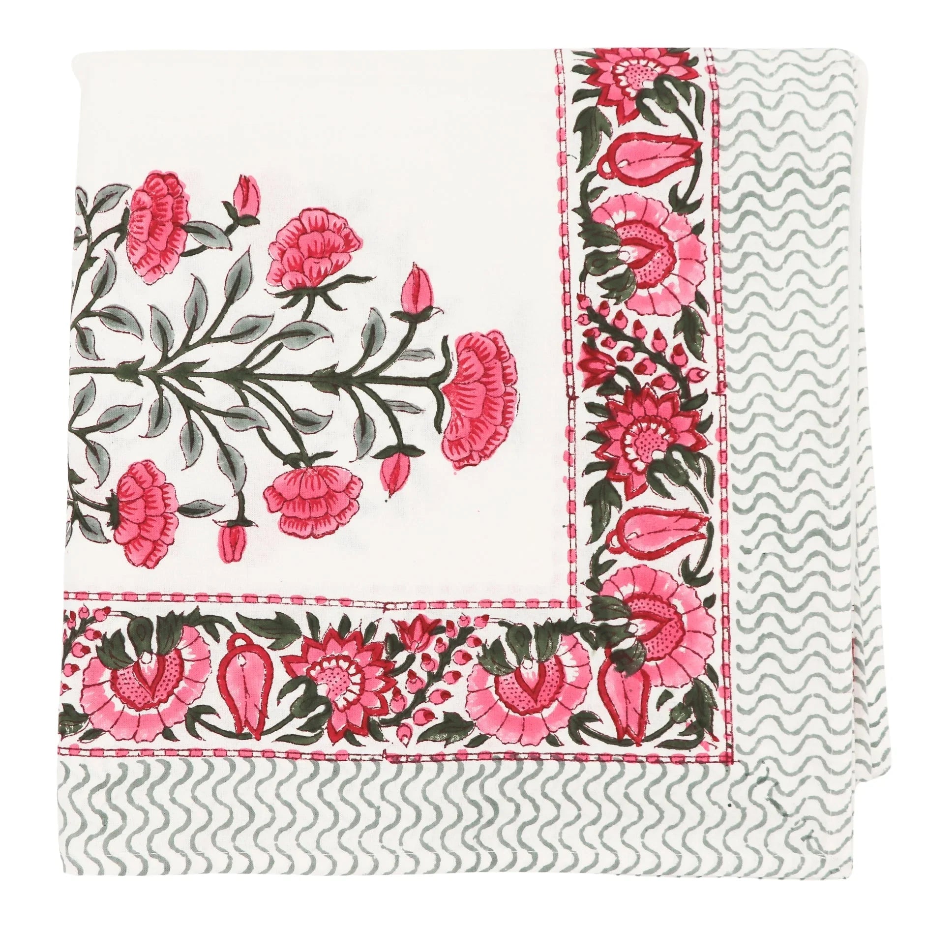 Rose Garden Cotton Tablecloth in White with Pink and Green Hand-Printed Design