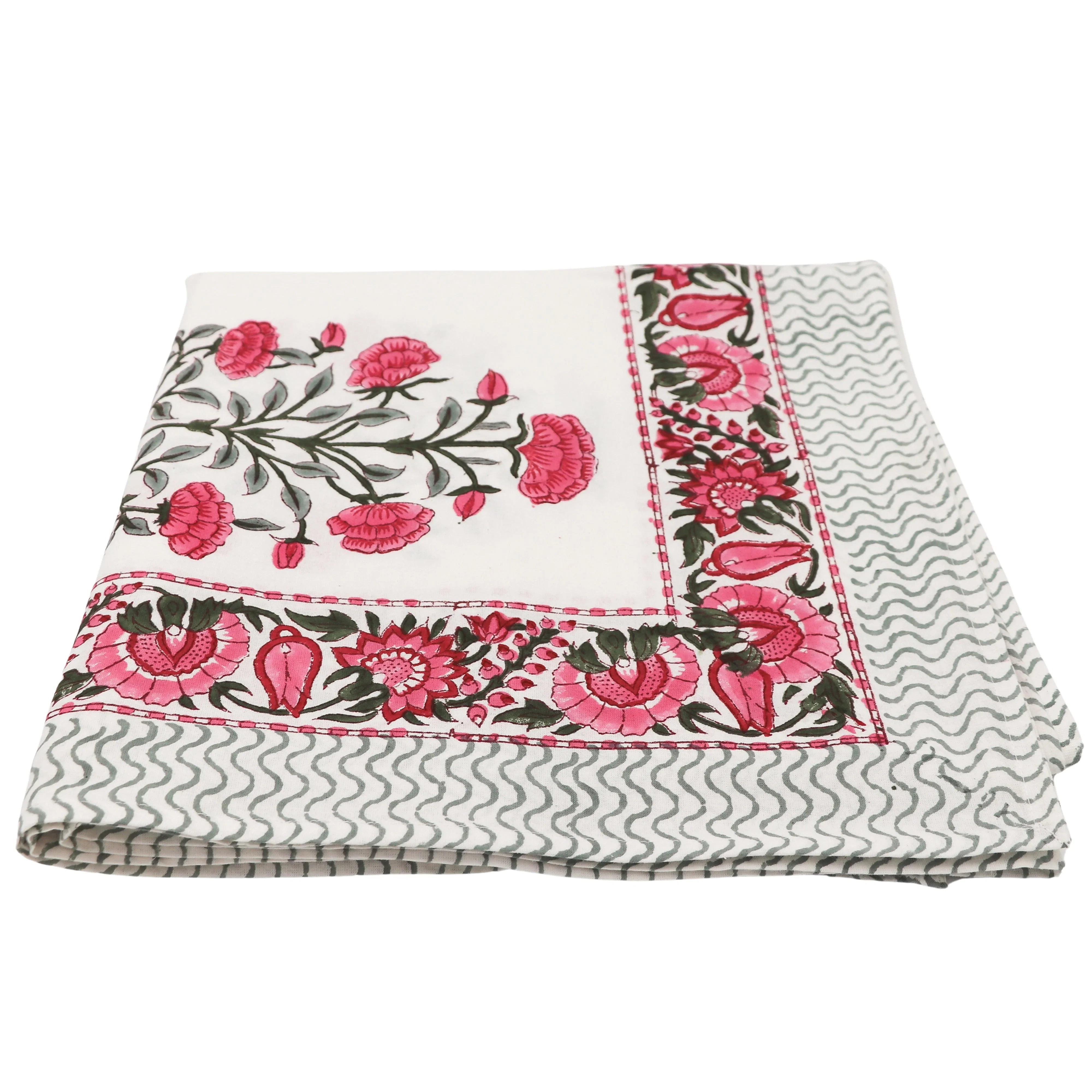 Rose Garden Cotton Tablecloth in White with Pink and Green Hand-Printed Design