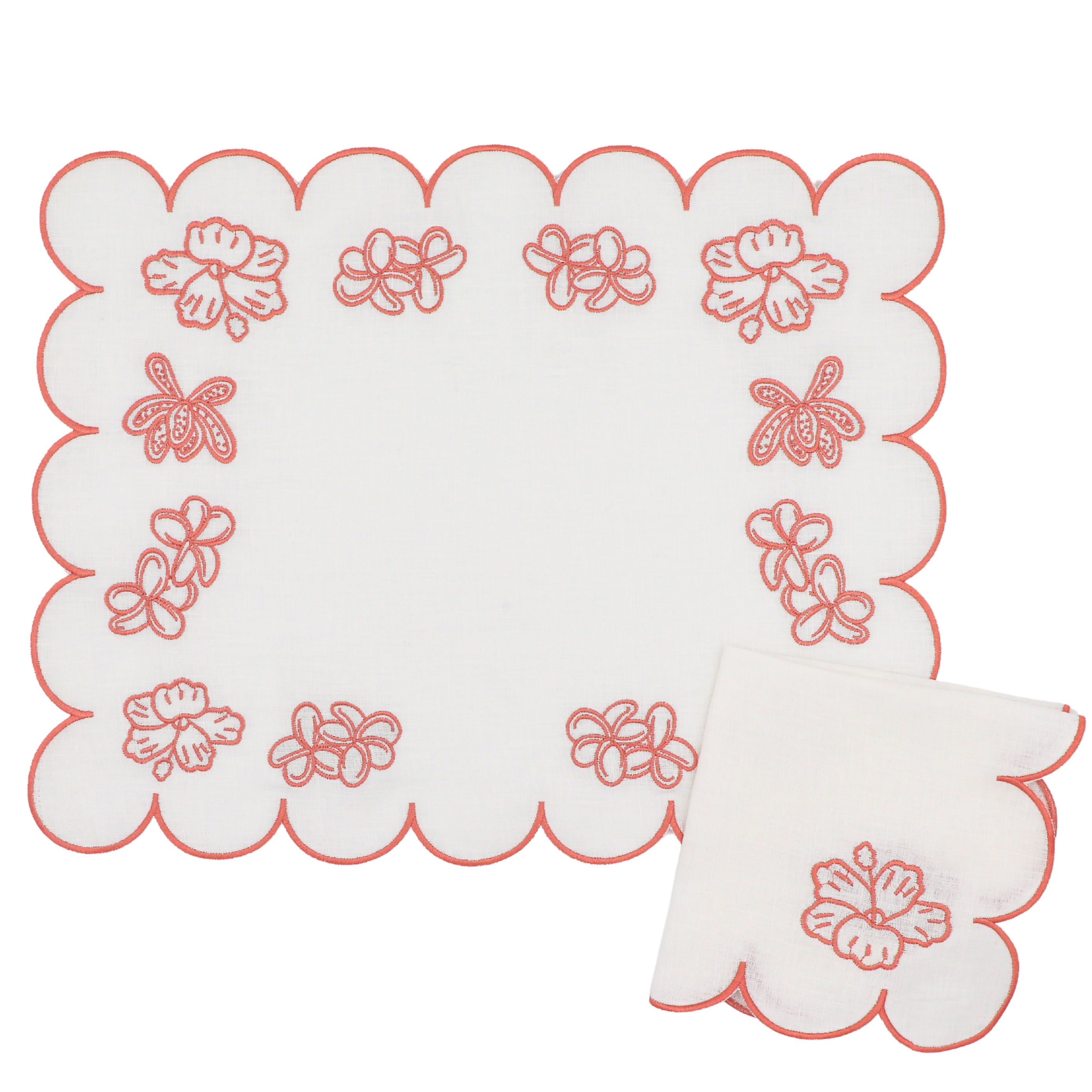 Rosette Linen Napkin in Ivory with Pink Embroidery and Trim (Set of 4)