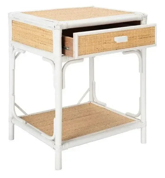 Roya Rattan Nightstand in White and Natural - The Mayfair Hall