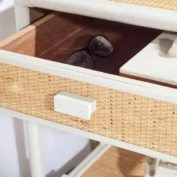 Rumi Rattan Nightstand in White and Natural - The Mayfair Hall