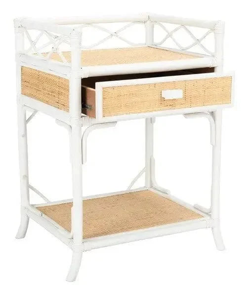 Rumi Rattan Nightstand in White and Natural - The Mayfair Hall