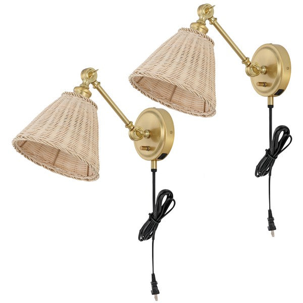 Oswynn Metal Wall Sconce in Brass with Rattan Shade (Set of 2)