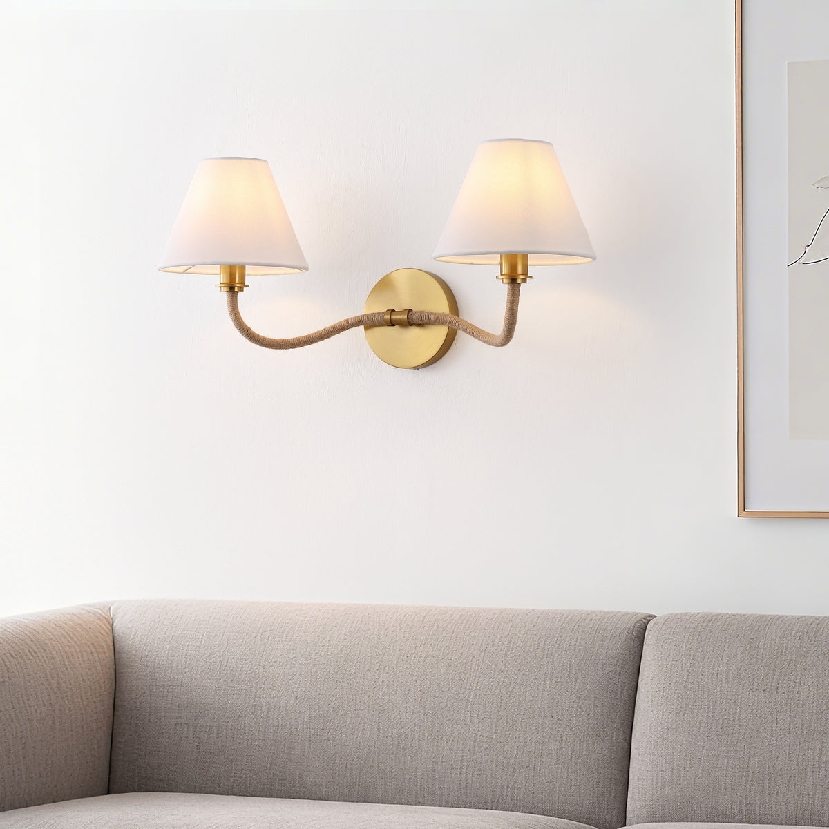 Mara 2-Light Metal and Fabric Wall Sconce in Brass and White — 21.75″