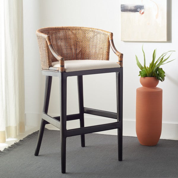 Brando Wood Bar Stool in Black and White with Brown Rattan Back