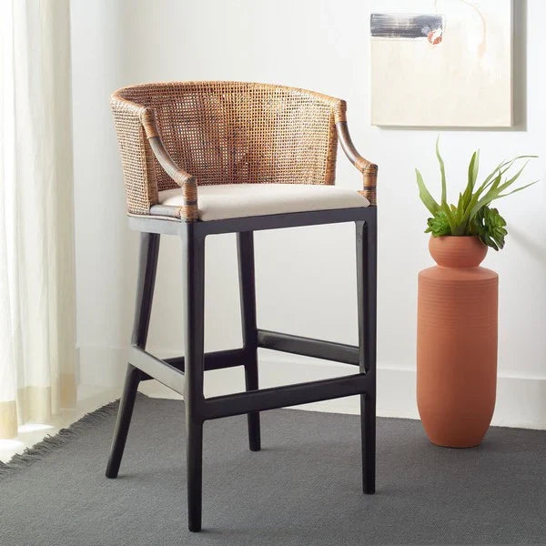 Brando Wood Bar Stool in Black and White with Brown Rattan Back