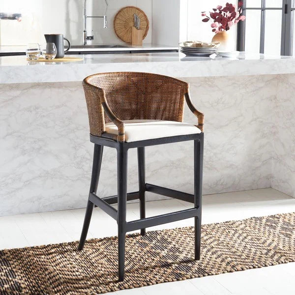 Brando Wood Bar Stool in Black and White with Brown Rattan Back
