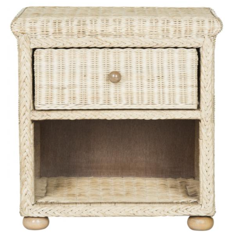 Adira Natural Wicker Nightstand in White Wash with Drawer and Storage