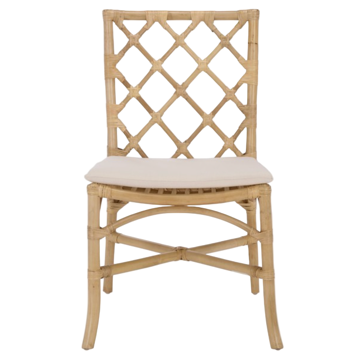 Wicker chair with a white cushion on a white background