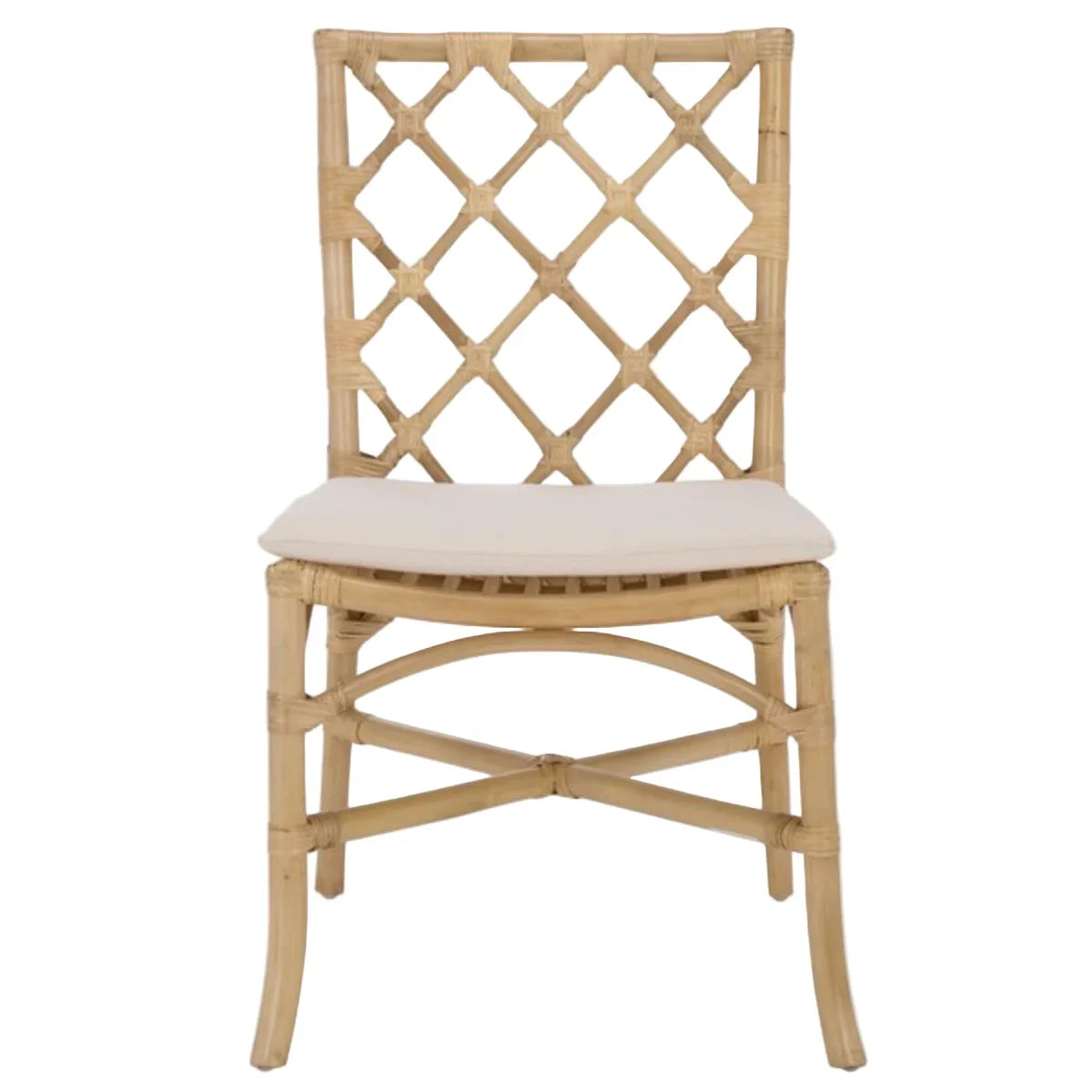 Wicker chair with a white cushion on a white background
