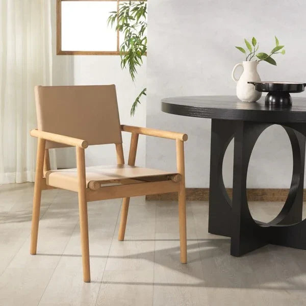 Hutson Leather Dining Chair in Tan with Sungkai Wood Frame - The Mayfair Hall
