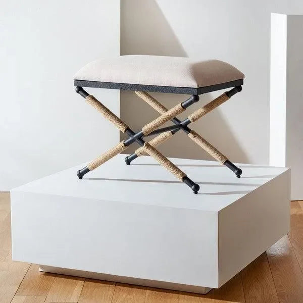 Carmelo Linen Ottoman in Beige and Black - The Mayfair Hall