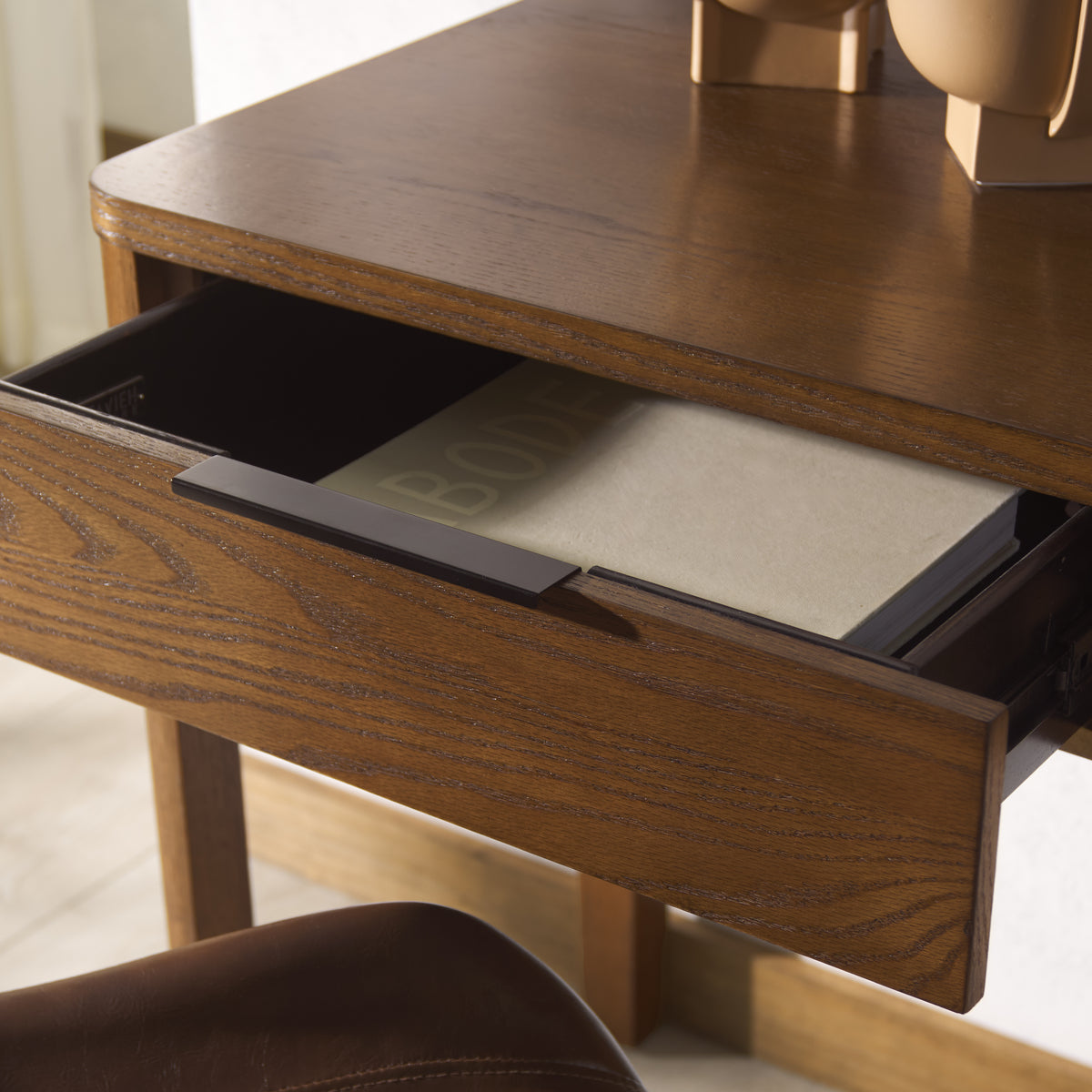 Gabrietta 2 Drawer Wood Desk in Medium Oak and Black