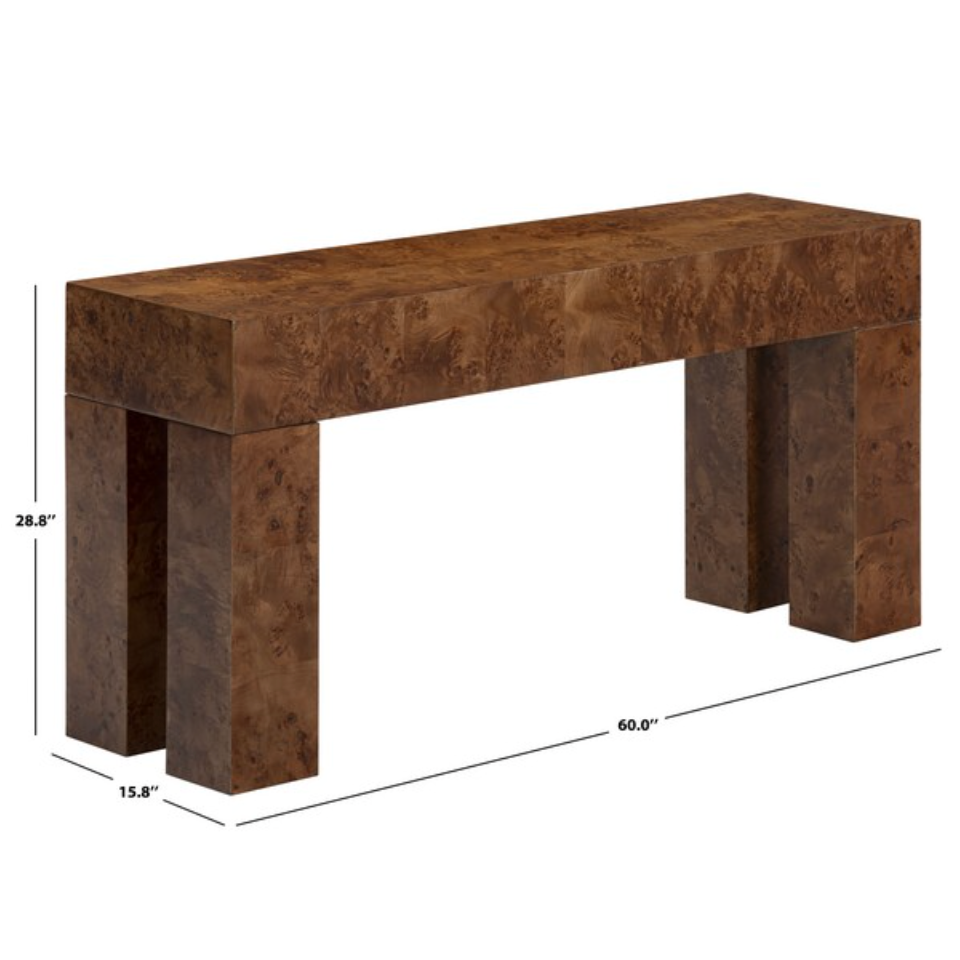 Betharose Burl Wood Console Table in Walnut