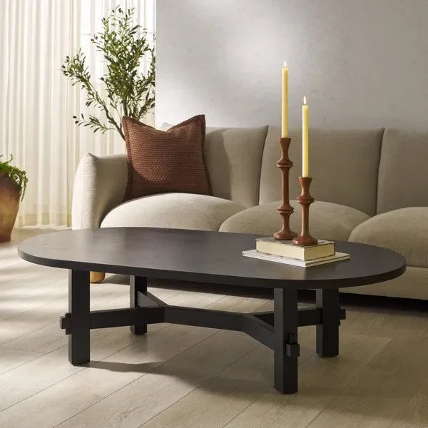 Tabytha Elm Wood Coffee Table in Black with Oversized Oval Top - The Mayfair Hall